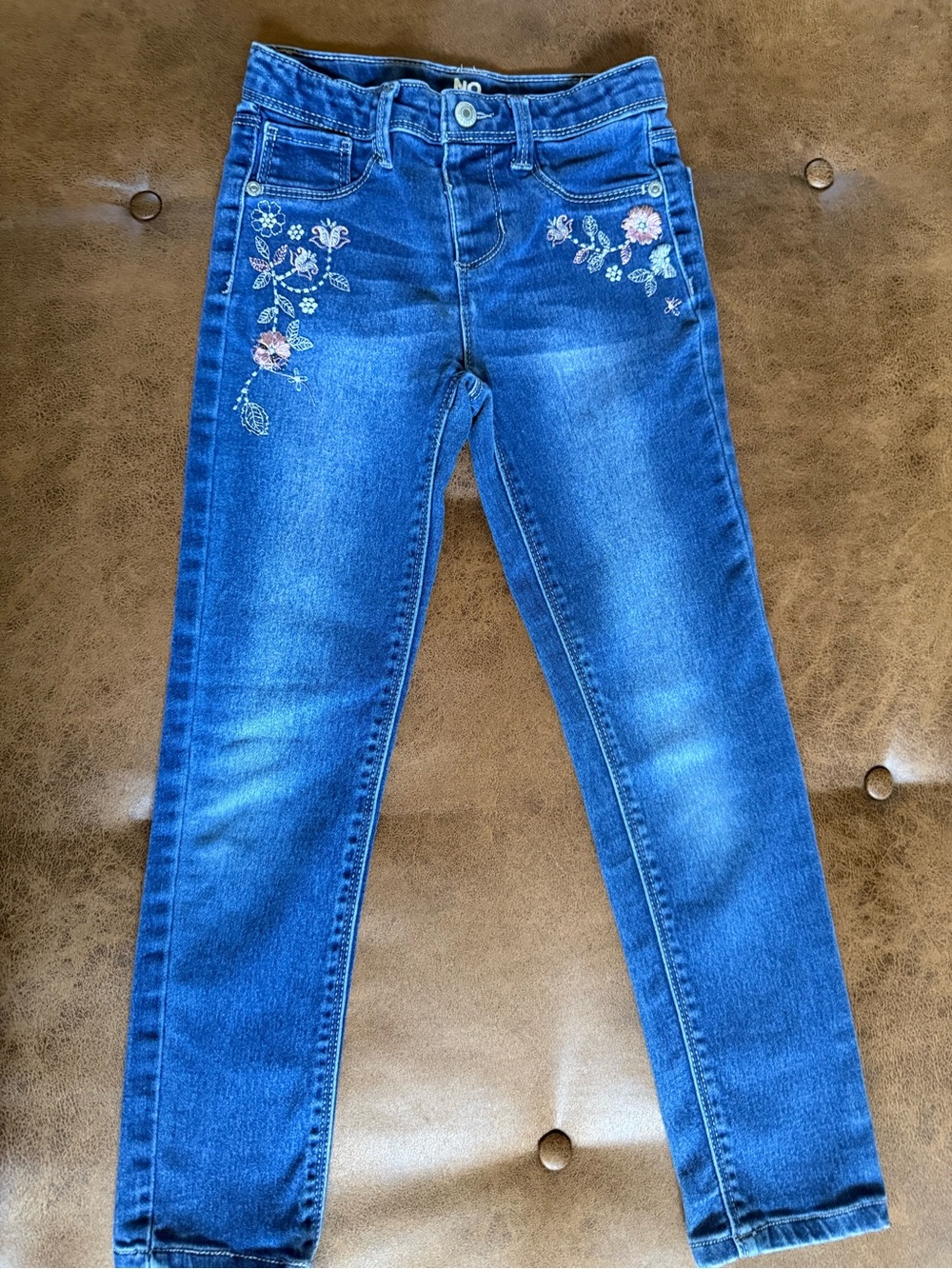 Girls Embroidered Floral Blue Skinny Jeans